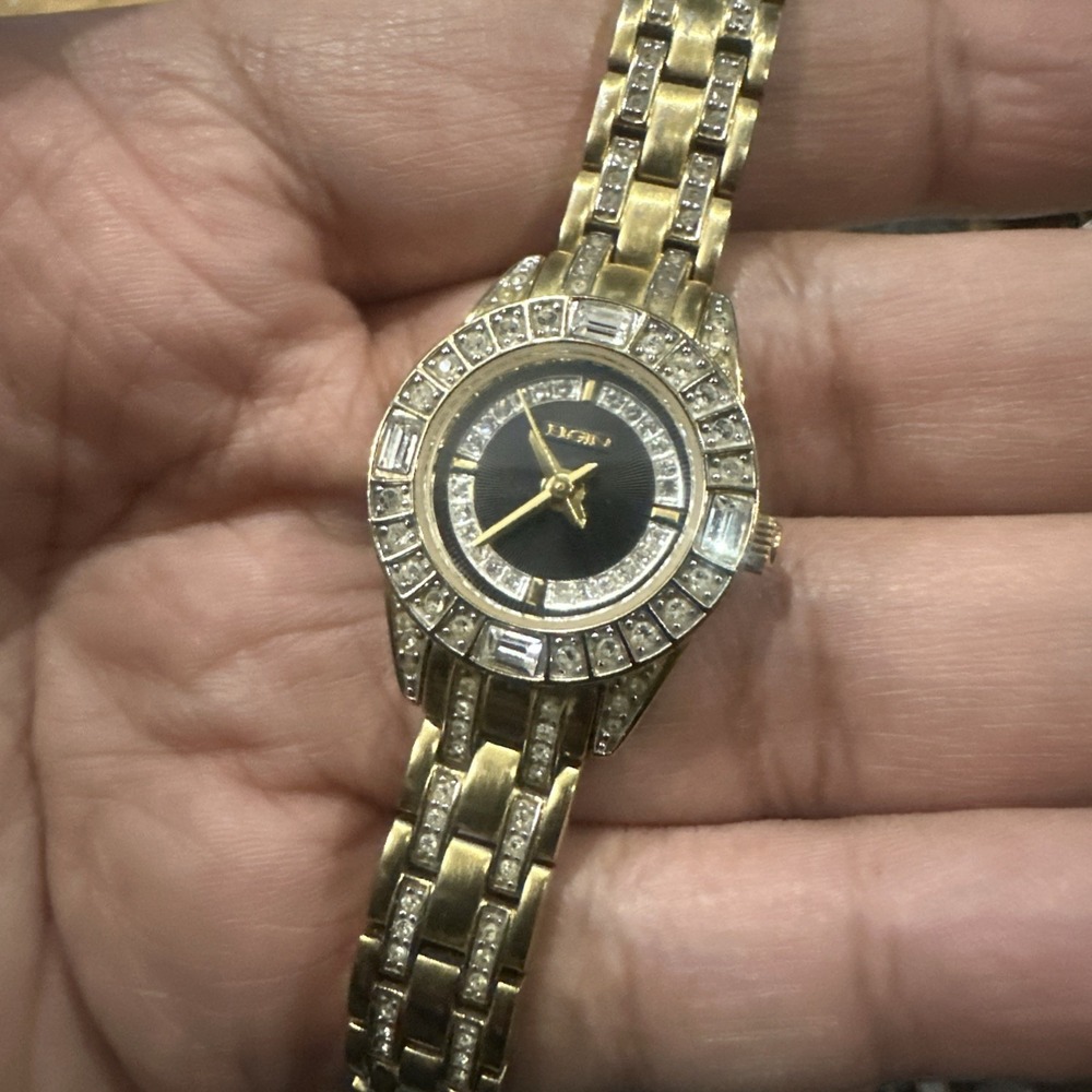 Working Vintage Elgin Dainty Ladies Gold Tone Crystals Watch 22mm Fit 5.5in